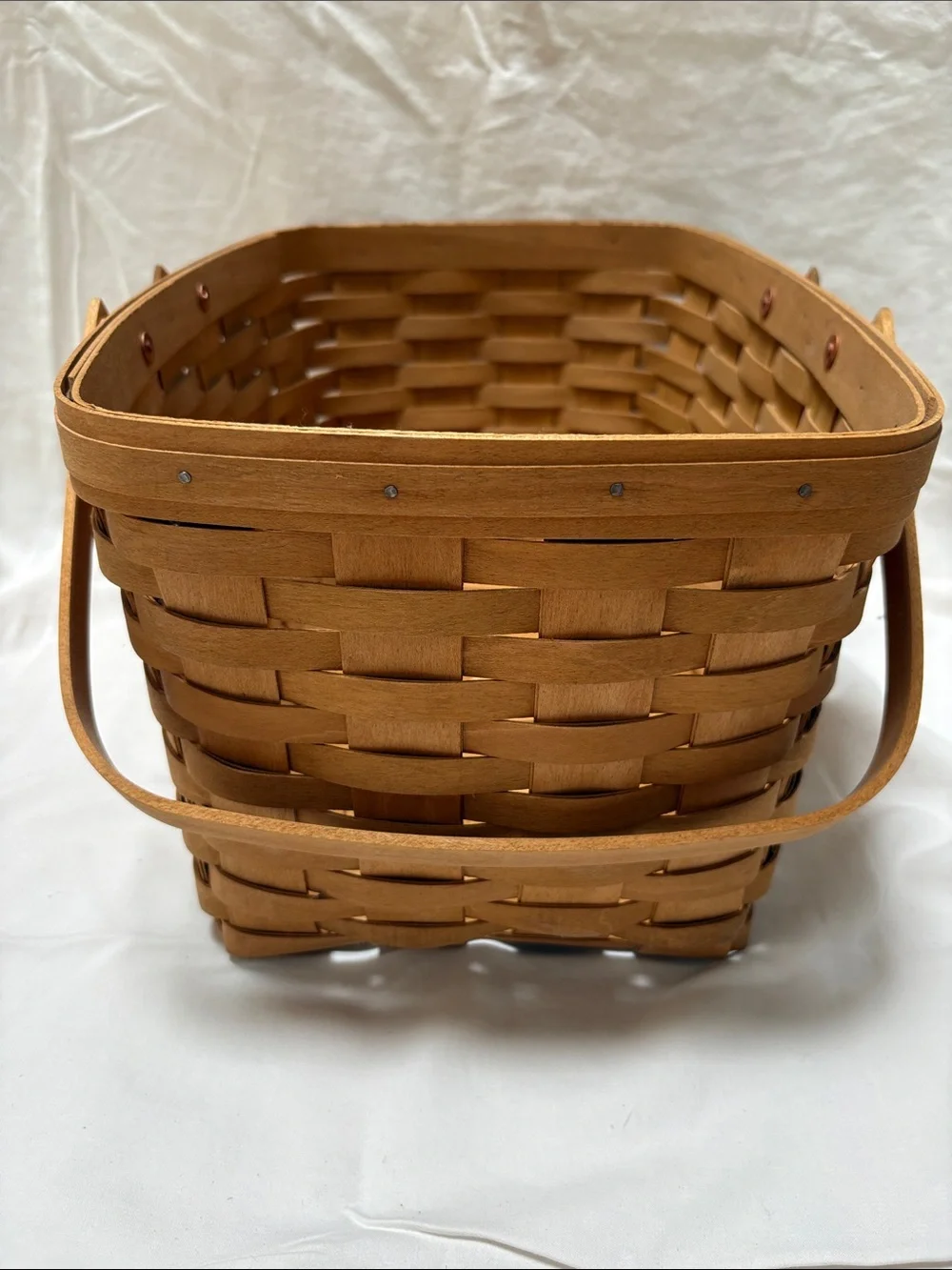 Longaberger wood market basket with hinged handles and plastic inserts